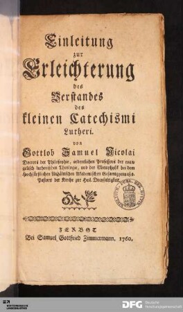 Einleitung zur Erleichterung des Verstandes des kleinen Catechismi Lutheri