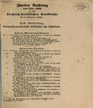 Kirchlich-statistisches Handbuch für das Königreich Sachsen oder Verzeichniß der in dem Königreiche Sachsen angestellten Geistlichen, Schulmeister, Schullehrer, Cantoren aller Confessionen. 2. 1839