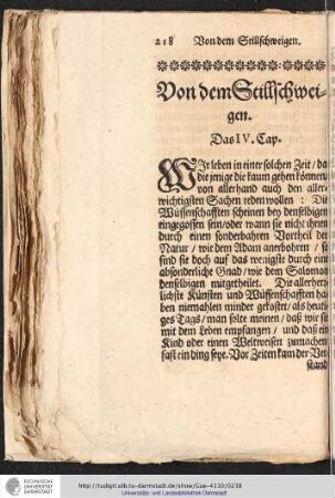 Von dem Stillschweigen. Das IV. Cap.