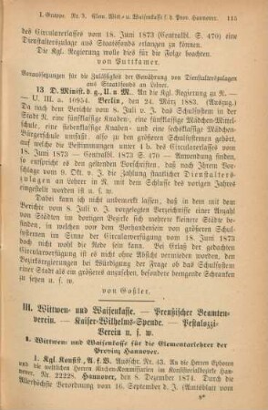 III. Wittwen- und Waisenkasse. - Preußischer Beamtenverein. - Kaiser-Wilhelms-Spende. - Pestalozzi-Verein u.s.w.