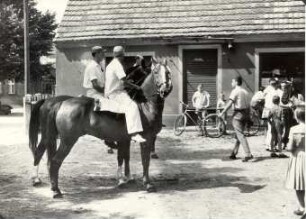 Erntebrauch in Neu Zauche : Gesellschaftliche Volkskultur - Herbst. Ort: Nowa Niwa / Neu Zauche. Stollenreiten. Reiten um einen Stollen als Preis. Die Reiter sammeln sich im Dorf.