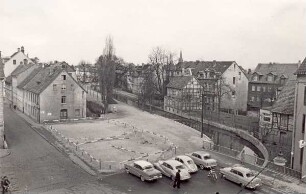 Wall und Kanal. Detmold. Blick vom Lippischen Hof; die ersten Häuser der Weinbergstraße. sind schon abgerissen. um 1960. Stadtarchiv Detmold Bildarchiv Nr. 2449
