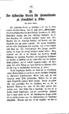 Der Historische Verein für Heimatkunde zu Frankfurt a. Oder