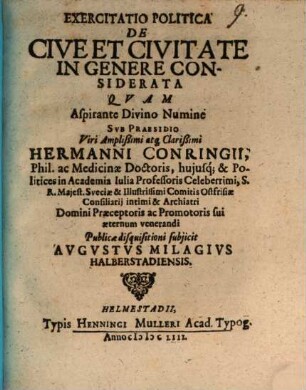 Exercitatio Politica De Cive Et Civitate In Genere Considerata
