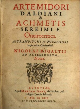 Artemidori et Achmetus Seirini Oneirocritica
