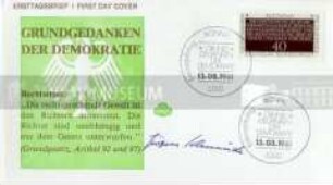 Ersttagsbrief, signiert von Jürgen Schmude, zwischen 1978 und 1981 Bildungsminister in den Regierungen unter Bundeskanzler Helmut Schmidt