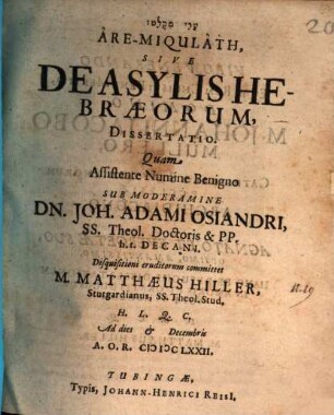 [...] Are-Miqulath, Sive De Asylis Hebraeorum, Dissertatio