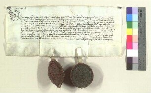 Abt Johannes und der Konvent von Kloster Attel schließen eine Gebetsverbrüderung mit St. Zeno;. S1: Abt Johannes v. Kloster Attel, S2: Konvent v. Kloster Attel