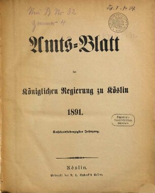 Amts-Blatt der preußischen Regierung zu Köslin. 1891 = Jg. 76