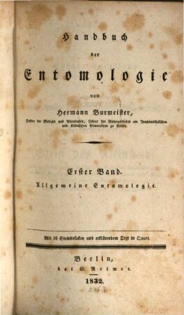 Handbuch der Entomologie, 1. Allgemeine Entomologie
