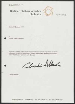Brief an Piccolo Teatro di Milano, 10.12.1996