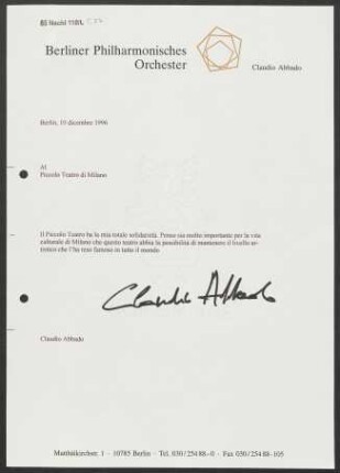 Brief an Piccolo Teatro di Milano, 10.12.1996