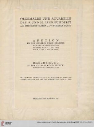 Ölgemälde und Aquarelle des 19. und 20. Jahrhunderts aus mitteldeutschem und Münchener Besitz : Auktion, Samstag, den 22. April 1933