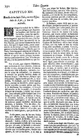 Cap. 14. Batalla de un Indio Tula con tres Españoles de apie , y uno de acavallo.