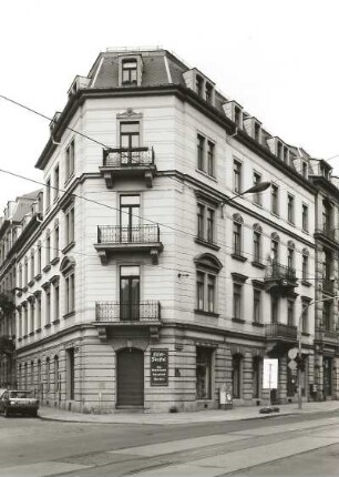 Dresden-Neustadt, Bautzner Straße 63/Ecke Pulsnitzer Straße. Wohnhaus mit Läden (1851/1900). Eckansicht