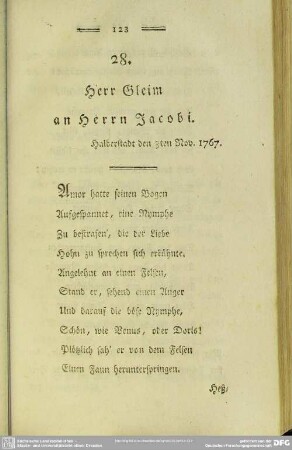 28. Herr Gleim an Herrn Jacobi. Halberstadt den 3ten Nov. 1767
