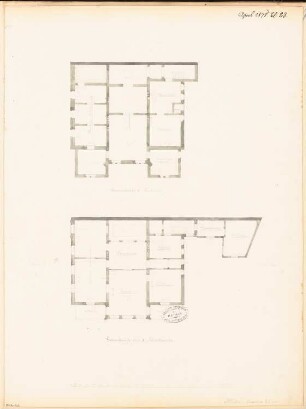 Villa, Gera Monatskonkurrenz April 1878: Grundriss Keller, Obergeschoss; Maßstabsleiste