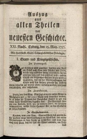 XXI. Nachl. Coburg, den 25. May, 1757.