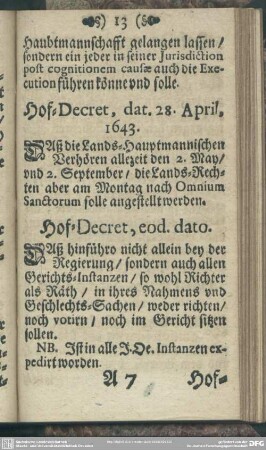 Hof-Decret, dat. 28. April, 1643