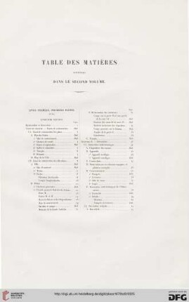 Table des matières contenues dans le second volume