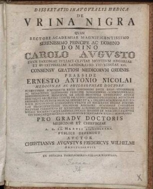 Dissertatio Inavgvralis Medica De Vrina Nigra