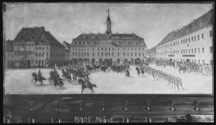 Großenhain. Napoleon in Großenhain 1813 , Parade der priveligierten Scheibenschützen, Gemälde von 1903