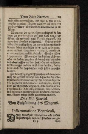 Das XLI. Capitel. Von Entzündung des Magens. De Inflammatione Ventriculi.