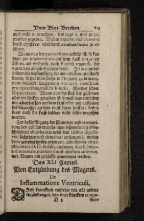 Das XLI. Capitel. Von Entzündung des Magens. De Inflammatione Ventriculi.