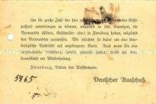Postkarte zur Organisation der Unterbringung der zur Abstimmung Anreisenden - Sachkonvolut