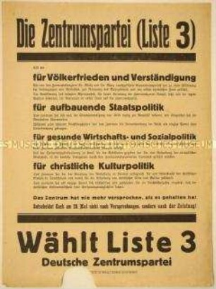 Programmatischer Wahlaufruf der Zentrumspartei anlässlich der Reichstagswahl 1928