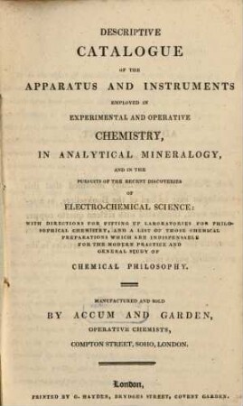 Descriptive Catalogue of the apparatus ... employed in experimental ... chemistry