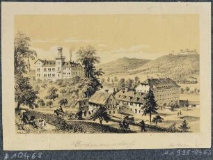 Ortsansicht von Erdmannsdorf an der Zschopau westlich von Augustusburg in Sachsen mit Rittergut, Mühle und Eisenbahn