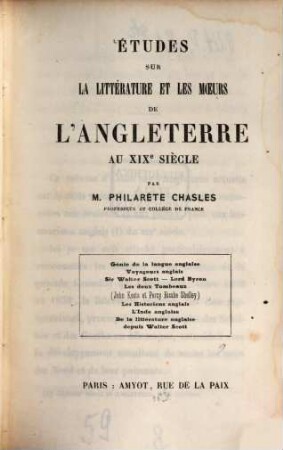 Études sur la littérature et les moeurs de l'Angleterre au XIXe siècle