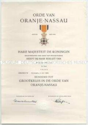 Verleihungsurkunde zum Orden von Oranien-Nassau (Großkreuz), mit Rolle