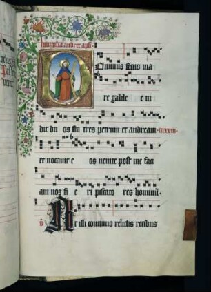 Historisierte Initiale (hlg. Andreas): D(ominus)