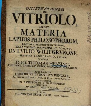 Dissertationem De Vitriolo, An Sit Materia Lapidis Philosophorum