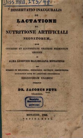 Dissertatio inauguralis de lactatione et nutritione artificiali neonatorum