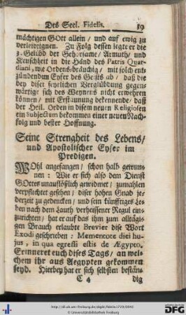 Seine Strengheit des Lebens, und Apostolischer Eyfer im Predigen.