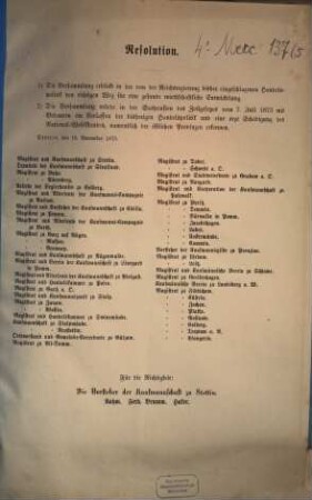 Resolution. 1) Die Versammlung erblickt in der von der Reichsregierung bisher eingeschlagenen Handelspolitik den richtigen Weg ... : Stettin, den 15. November 1875