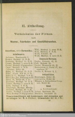 II. Abtheilung. Verzeichniss der Firmen nach Waaren, Fabrikaten und Geschäftsbranchen
