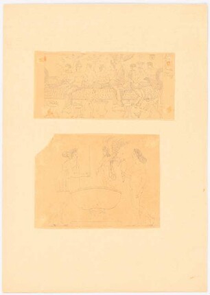 Römische Liebesmahl- und Badeszenen mit Amoretten: Zwei Blätter mit antiken Genreszenen (Nach- oder Durchzeichnungen nach Panofka: Museo Bartoldiano, 1827)
