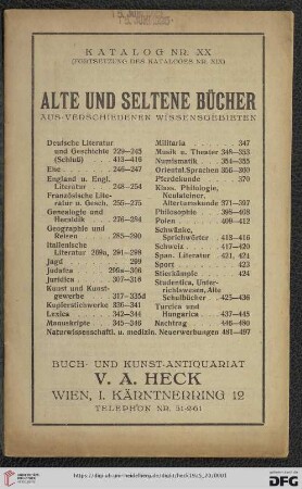 Nr. 20: Katalog: Alte und seltene Bücher aus verschiedenen Wissensgebieten : (Fortsetzung des Kataloges Nr. XIX)