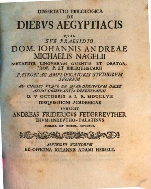 Dissertatio Philologica De Diebvs Aegyptiacis