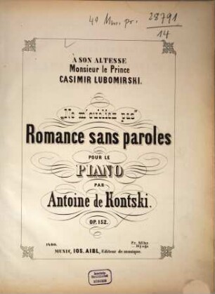 Ne m'oubliez pas : romance sans paroles pour le piano ; op. 152