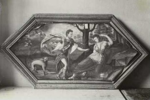 Ausschnitt der ehemaligen Zapfendecke: Mythologische Szene (Paris und Helena)
