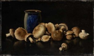 Stillleben mit blauer Vase und Pilzen