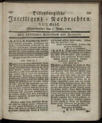 XXII. Stück. Sonnabends : den 1. Junii, 1782.