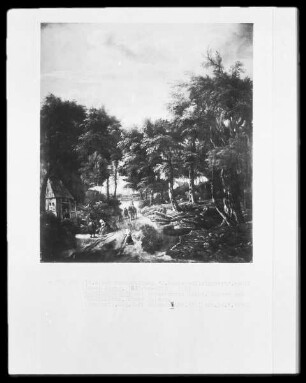 Waldlandschaft mit Bauernhütte links, Bauern und Holzfällern, einem Reiter