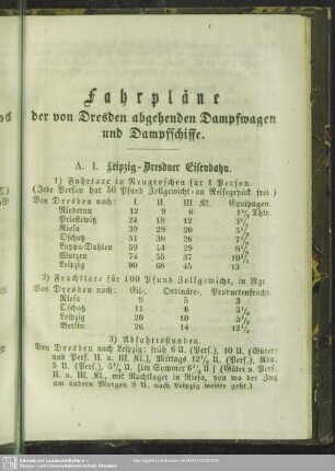 Fahrpläne der von Dresden abgehenden Dampfwagen und Dampfschiffe