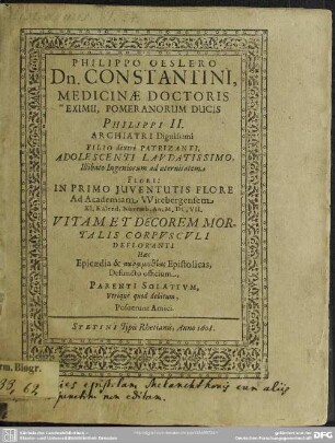 Philippo Oeslero ... ad academiam Witebergensem XI. Kalend. Novemb. an.1607 vitam ... defloranti haec epicaedia .. .